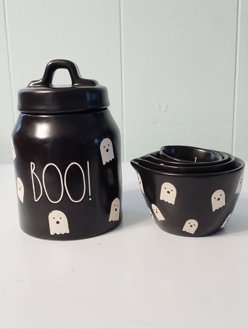 New Rae Dunn Black 'Boo!' Ceramic Canister Set with Ghost Measuring Cups